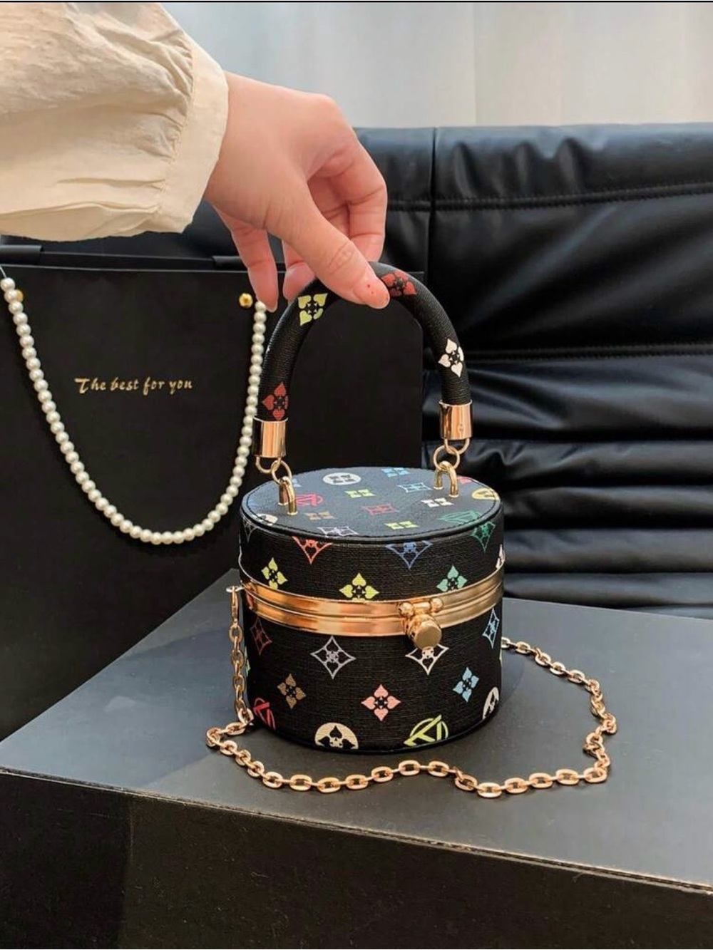 Luxury Black Multicolor Logo Print Handbag with Gold Hardware - Picture 5 of 9